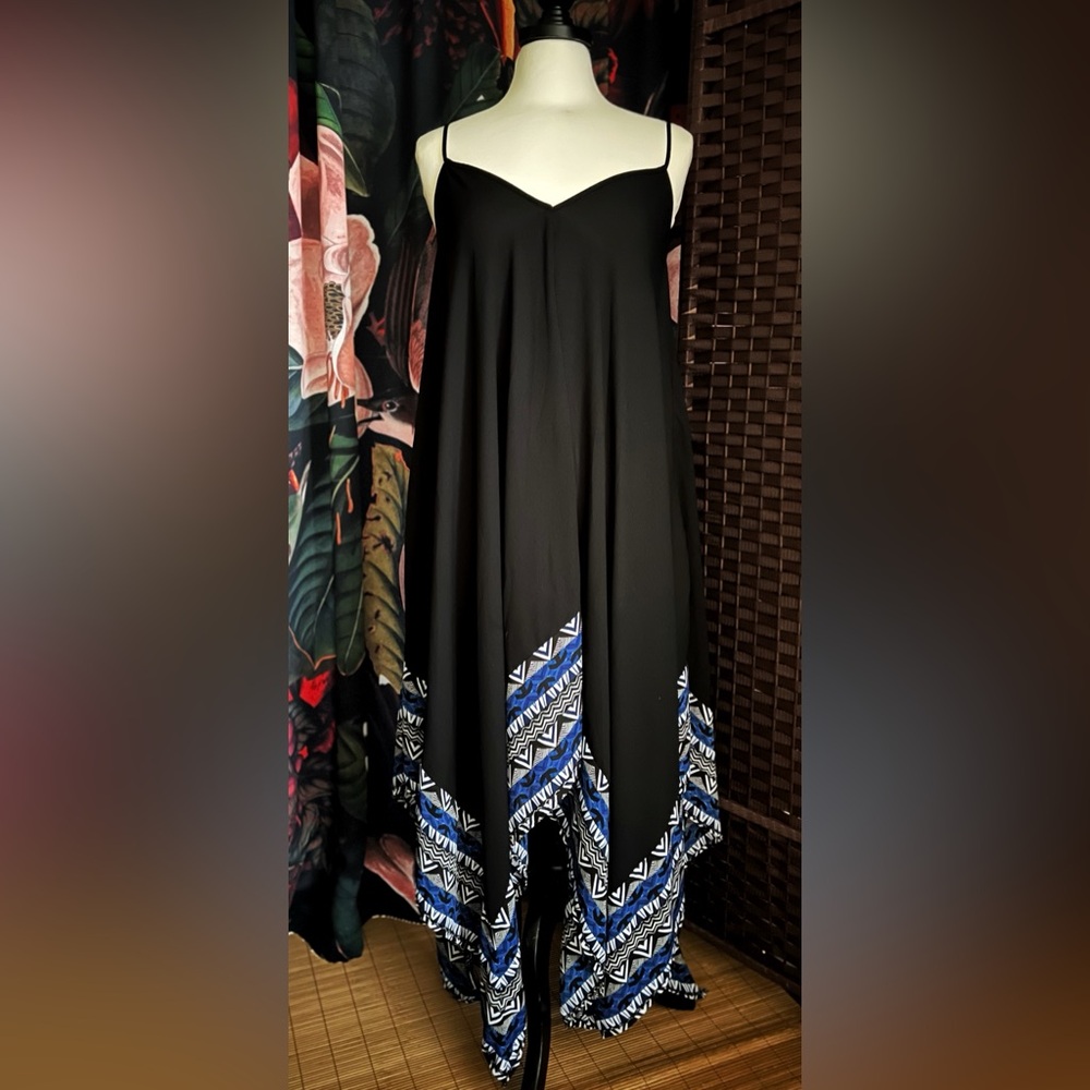 Express Black and Blue Handkerchief Hem  Maxi Dress